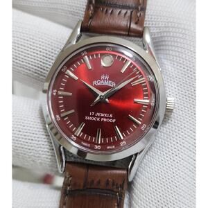 Vintage 1982 Roamer Manual Mens Silver Watch W/Leather Strap & Red accents